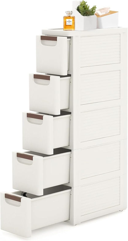 5 Drawers Slim Bathroom Storage Cabinet Dresser, Narrow Plastic Rolling Cart by YABORAS