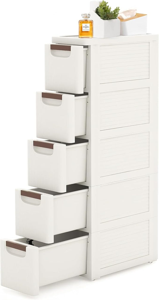 5 Drawers Slim Bathroom Storage Cabinet Dresser, Narrow Plastic Rolling Cart by YABORAS