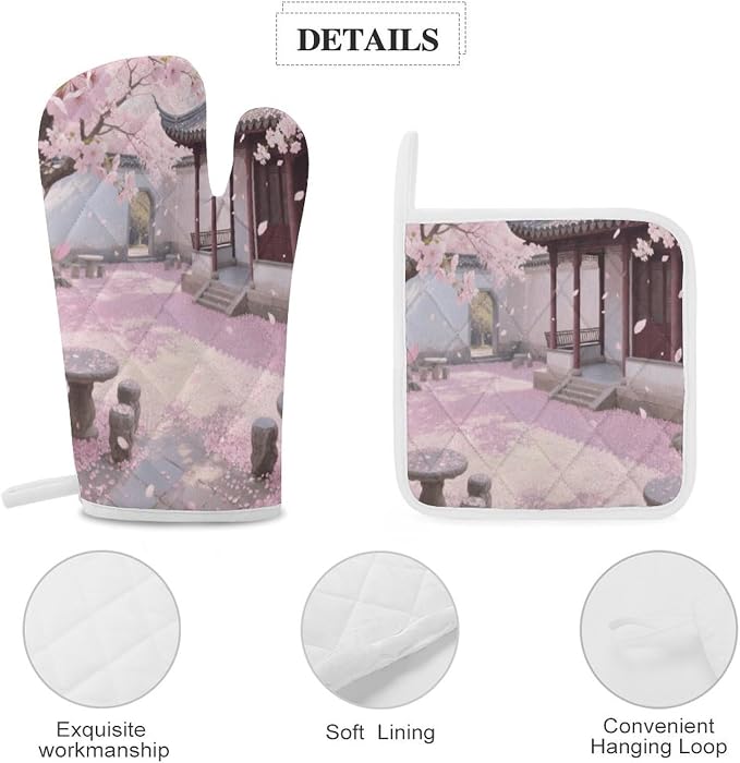 Cherry Blossom Garden Oven Mitts and Pot Holders 3pcs Set | Polyester Heat - Image 4