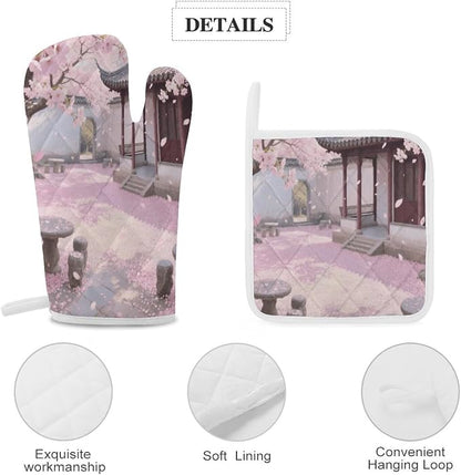 Cherry Blossom Garden Oven Mitts and Pot Holders 3pcs Set | Polyester Heat - Image 4