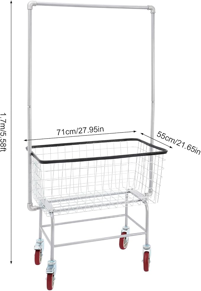 Wire Laundry Cart With Hanging Rack, 2.5 Bushel Wire Laundry Basket with Wheels - Image 7