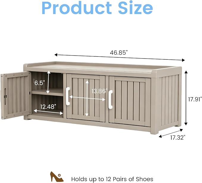 3 Doors Shoe Bench, Waterproof & UV-Resistant, Resin Shoe Cabinet Indoor & - Image 3