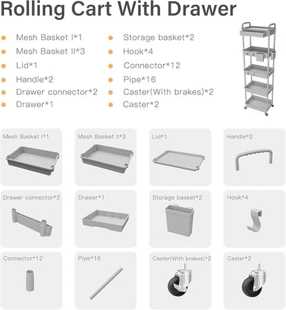 Sorgion 5 Tier Rolling Cart Organizer, Bathroom Cart Organizers - Image 7