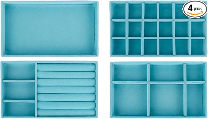 Framendino, 4 Pack Blue Velvet Jewelry Trays Stackable Organizer Drawer Inserts by Framendino