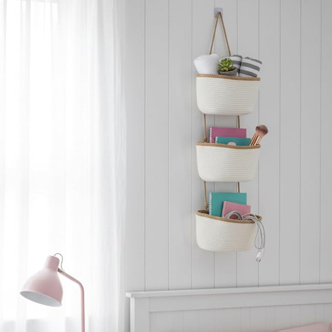 TeoKJ Over the Door Hanging Basket, 3-Tier Woven Cotton Wall-Mounted Storage - Image 5