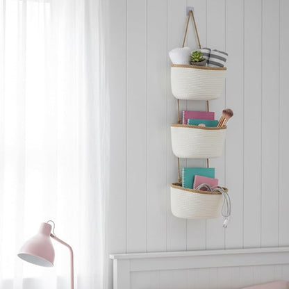 TeoKJ Over the Door Hanging Basket, 3-Tier Woven Cotton Wall-Mounted Storage - Image 5