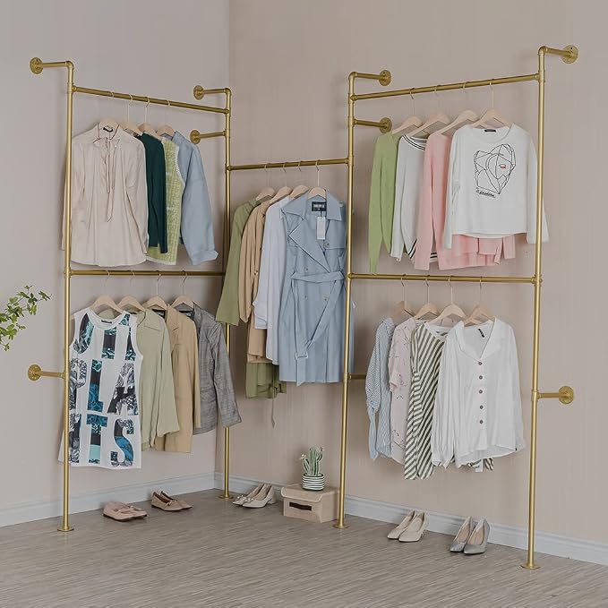 Industrial Pipe Clothing Rack Wall Mounted 5 Hanging Rods Garment Bar, Heavy - Image 2