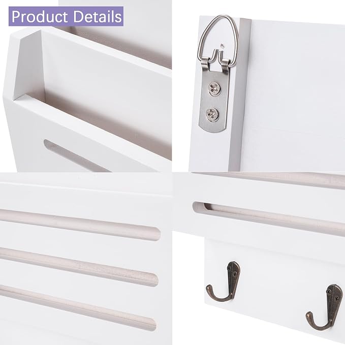 Key and Mail Holder Wall Mount, 2-Slot Wooden Mail Organizer - Image 7