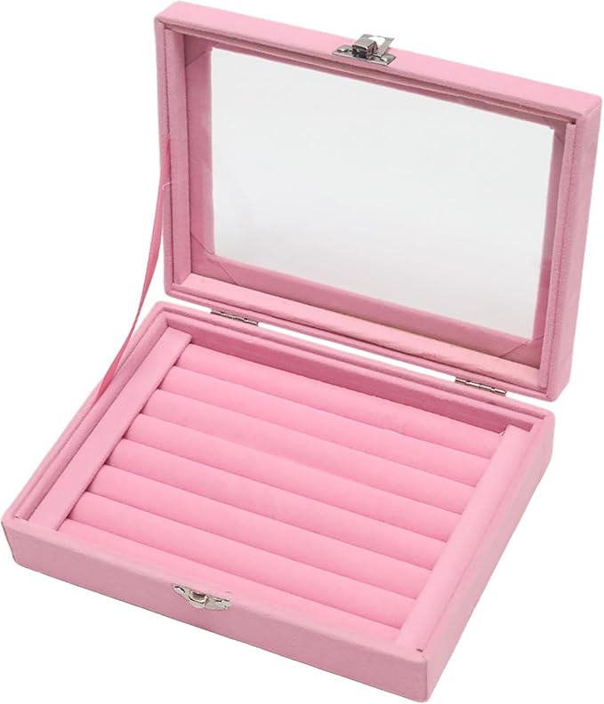 Small Velvet Jewelry Tray with Clear Lid, 8 Rolls Pink | Lockable Ring Earring by Unknown
