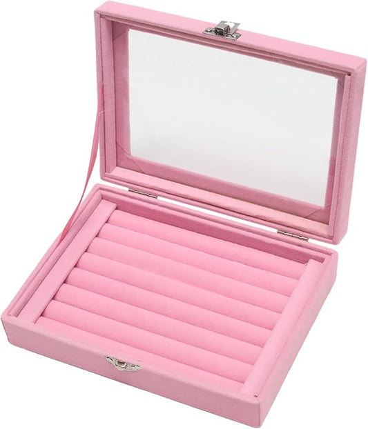 Small Velvet Jewelry Tray with Clear Lid, 8 Rolls Pink | Lockable Ring Earring by Unknown