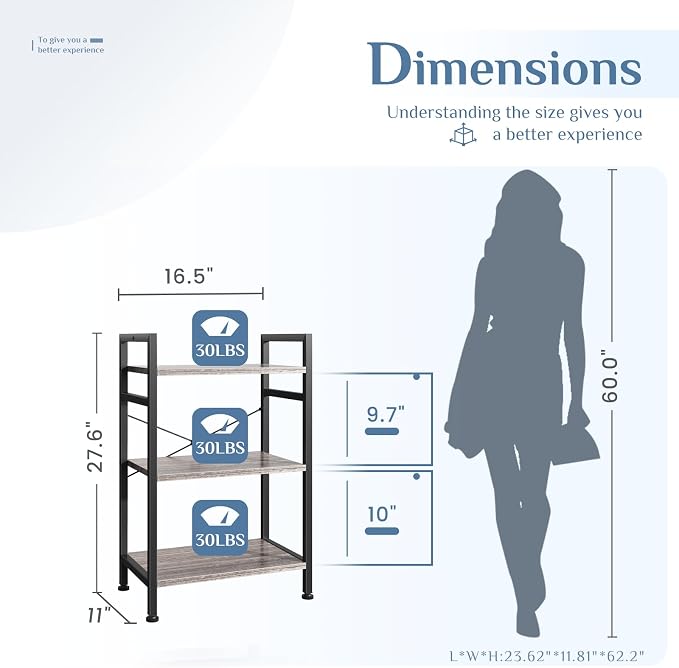 DUMOS 3 Tier Bookshelf, Home Office Bookcase Shelf Storage Organizer | Free - Image 3
