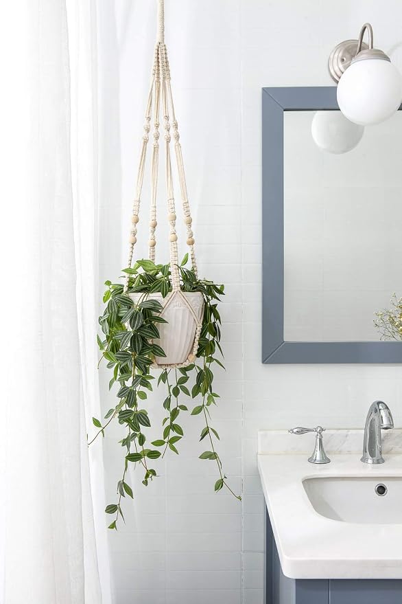 Mkono Macrame Plant Hanger Indoor 35 Inch Hanging Planter Basket Ivory 1Pc | - Image 8