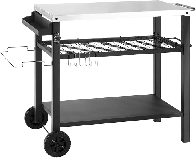 Dining Cart Table with Three Shelf, Movable Outdoor BBQ Grill Table Pizza Oven by DNKMOR
