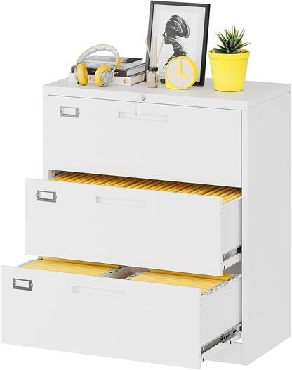 Lateral File Cabinet with Lock, 3 Drawer Large Metal Filing Cabinet, Home by Fesbos
