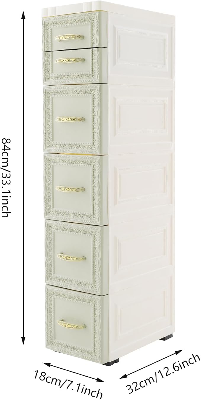 Slim Storage Cabinet with 6 Drawers, Mobile PP Plastic Organizer Rolling Tower - Image 3