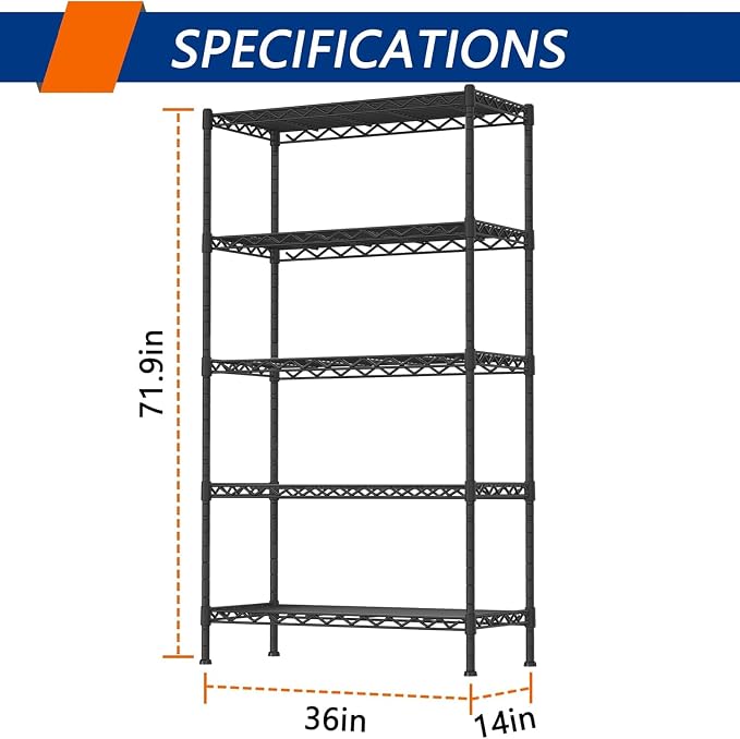 REGILLER 5-Shelf Adjustable Heavy Duty Storage Shelving Unit, Metal Organizer - Image 3