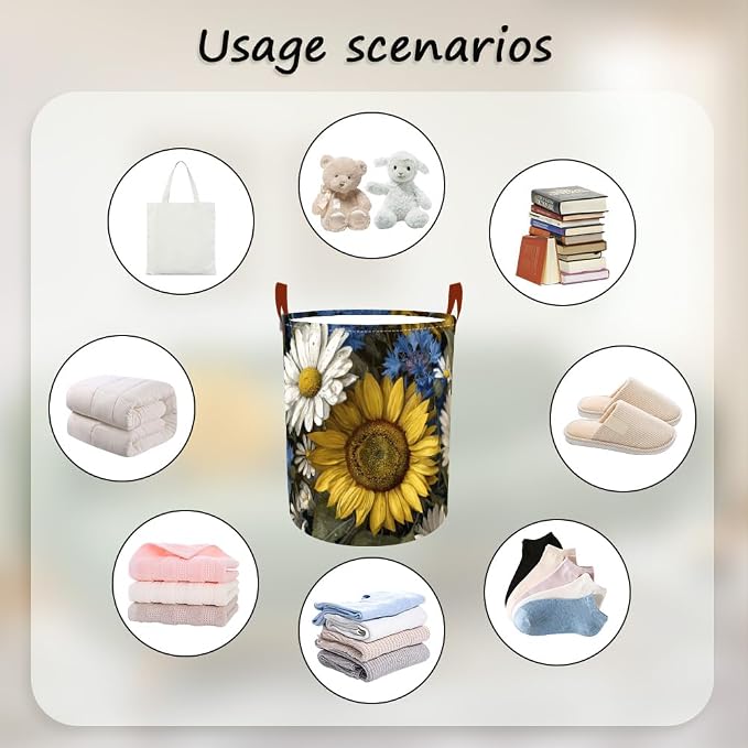 Laundry Baskets 15.7x19.7 Inch Large Vintage Sunflower Daisy Blue Wildflower - Image 4