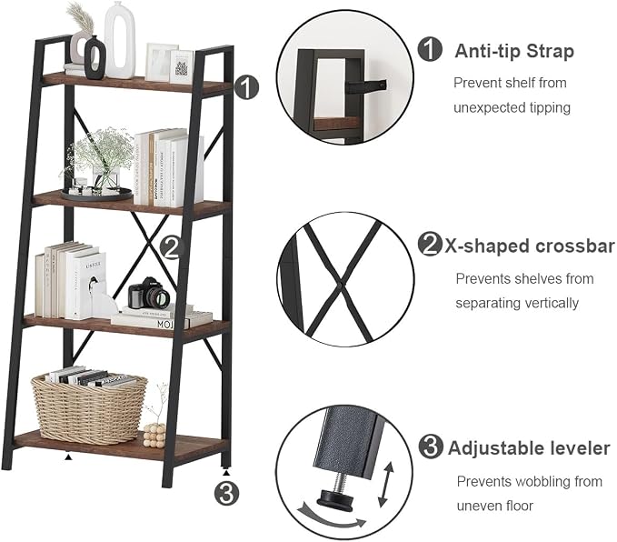 BON AUGURE Industrial Ladder Shelf Bookcase, 4 Tier Rustic Ladder Bookshelf - Image 5