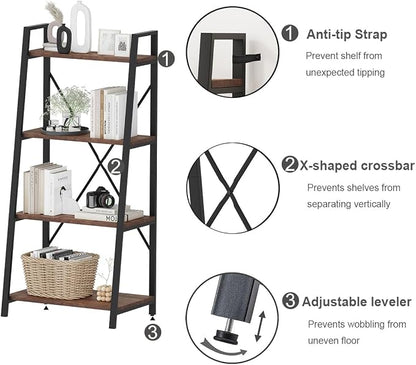 BON AUGURE Industrial Ladder Shelf Bookcase, 4 Tier Rustic Ladder Bookshelf - Image 5