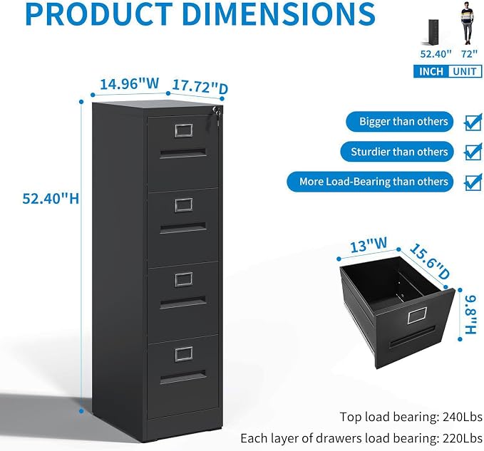 4 Drawer File Cabinet with Lock, Metal Vertical Filing Storage Cabinet - Image 3