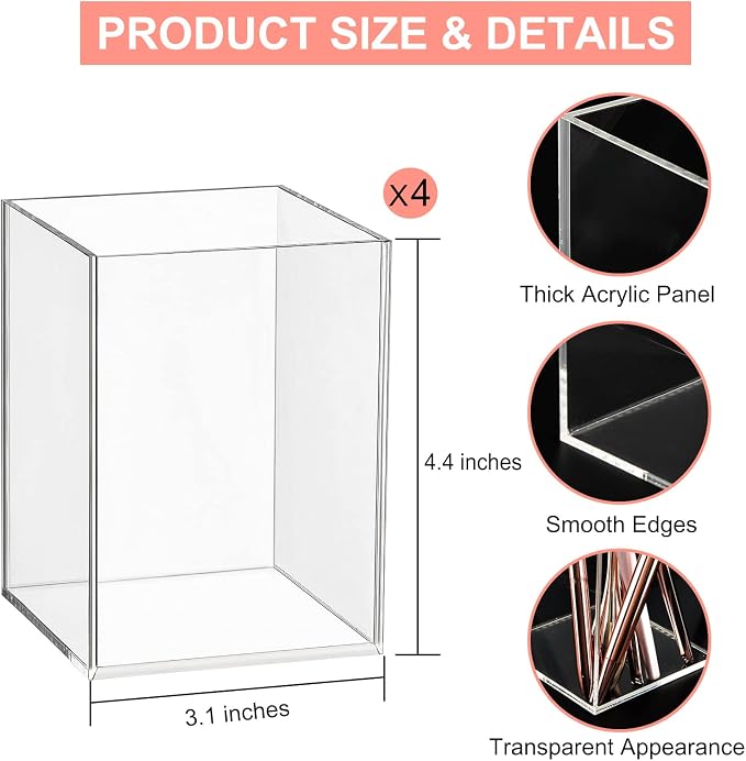 4-Piece Clear Acrylic Pen Holder & Pencil Cup - Image 2