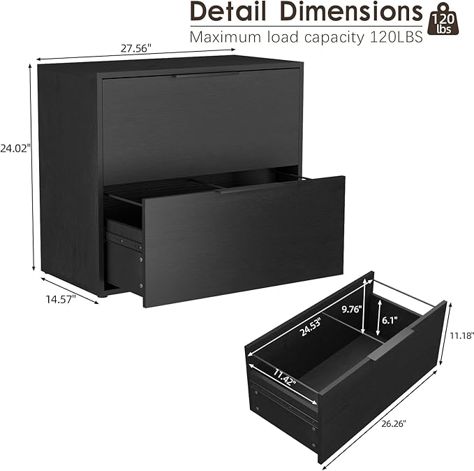 Lateral File Cabinet 2 Drawer, Wood Black File Cabinet - Image 3
