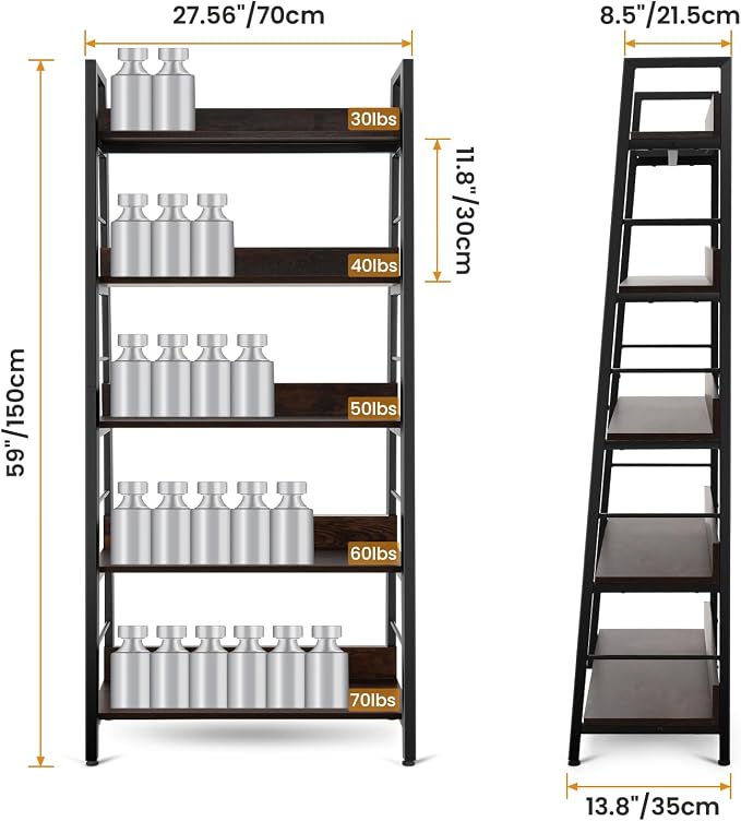 Himimi Ladder Bookshelf, 5 Shelf Bookcase Industrial Bookshelf Wood and Metal - Image 3