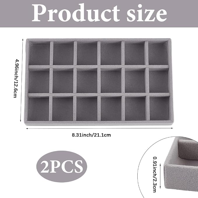 2Pcs 5 x 8.3 Inch 18 Grid Jewelry Tray Drawer Insert Velvet Earring Organizer - Image 2
