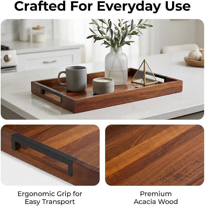 Acacia Wood Serving Tray with Handles, Large Wooden Ottoman & Coffee Table Tray - Image 6
