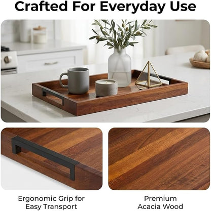Acacia Wood Serving Tray with Handles, Large Wooden Ottoman & Coffee Table Tray - Image 6