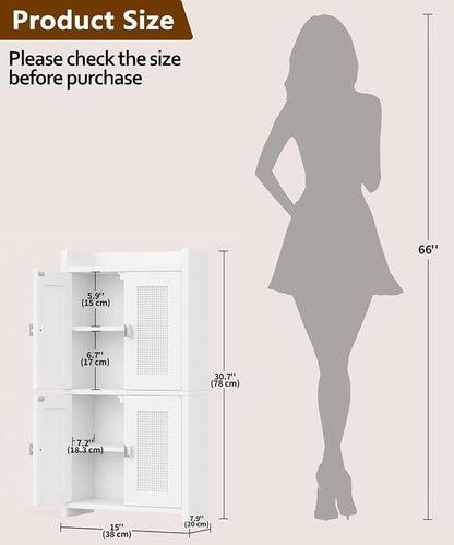 Akxomel 15" Rattan Small Bathroom Cabinet 4 Doors Adjustable Shelf White | - Image 3