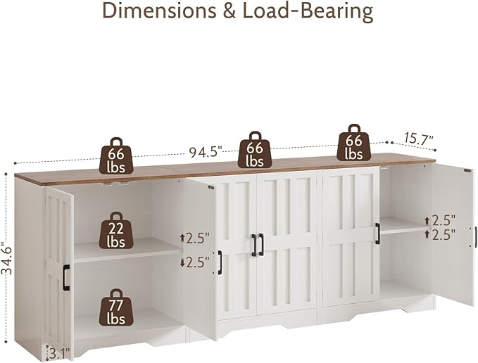 Sideboard Buffet Cabinet, Modern Farmhouse Kitchen Storage Cabinet, 94.5" - Image 2