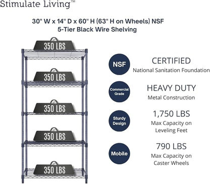 30"x14"x60" PRIME HEAVY DUTY Black 5-Tier Wire Shelving 1, 750 LBS MAX Capacity - Image 3