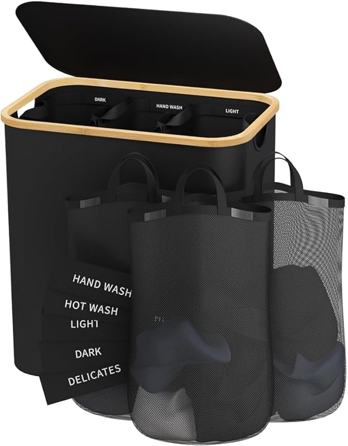 160L Laundry Hamper with Lid, 3 Section Laundry Basket with 3 Removable Bag | by Bathola