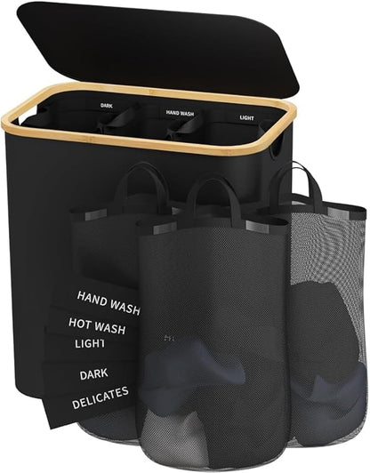 160L Laundry Hamper with Lid, 3 Section Laundry Basket with 3 Removable Bag | by Bathola