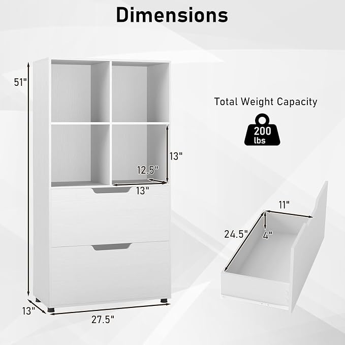 Giantex Bookshelf with 4 Cubes & 2 Drawers, 51” Tall Floor Bookcase with - Image 3