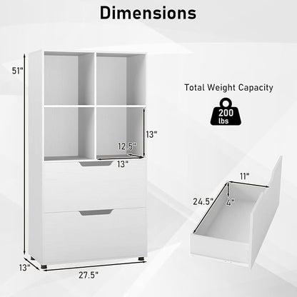 Giantex Bookcase with 2 Drawers, 51” Tall White Bookshelf w/4 Cubes, Anti-tip - Image 3