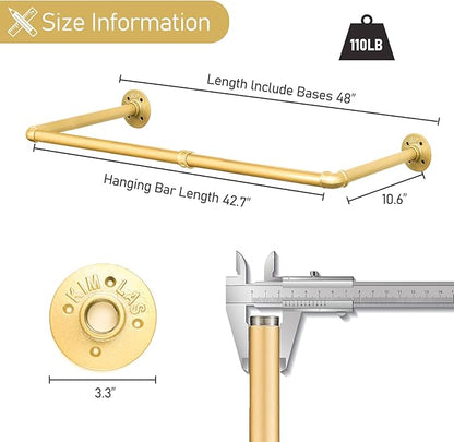 48” Gold Wall Mounted Clothes Rack, Industrial Pipe Iron Garment Bar, - Image 3
