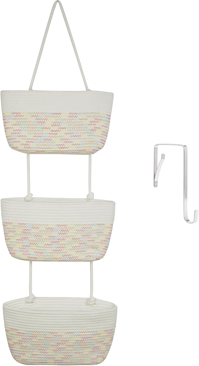 TeoKJ Over the Door Hanging Basket, 3-Tier Woven Cotton Wall-Mounted Storage by TeoKJ