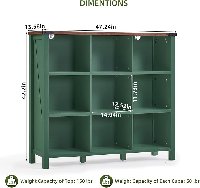 Joaxswe 9 Cube Storage Organizer, Farmhouse 47 Inch Wide Vintage Green Bookshelf - Image 2