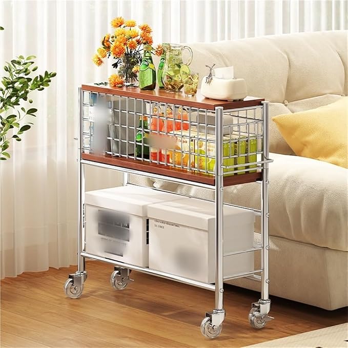 Slim Storage Cart with Wheels, 2 Tier Rolling Cart with Solid Wood Open Shelf - Image 8