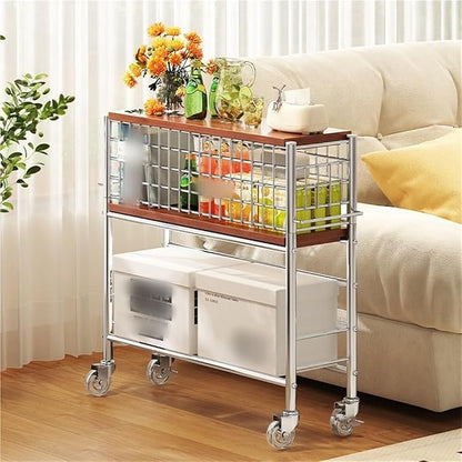 Slim Storage Cart with Wheels, 2 Tier Rolling Cart with Solid Wood Open Shelf - Image 8
