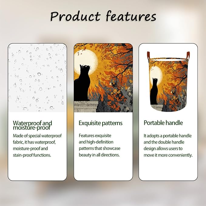 Laundry Baskets 15.7x19.7 Inch Black Cat Autumn Sunset Tree Design Collapsible - Image 2