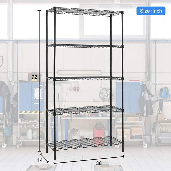 PayLessHere | 5-Tier Wire Shelf | 36"x14"x72" | Black | Adjustable Racks | - Image 3