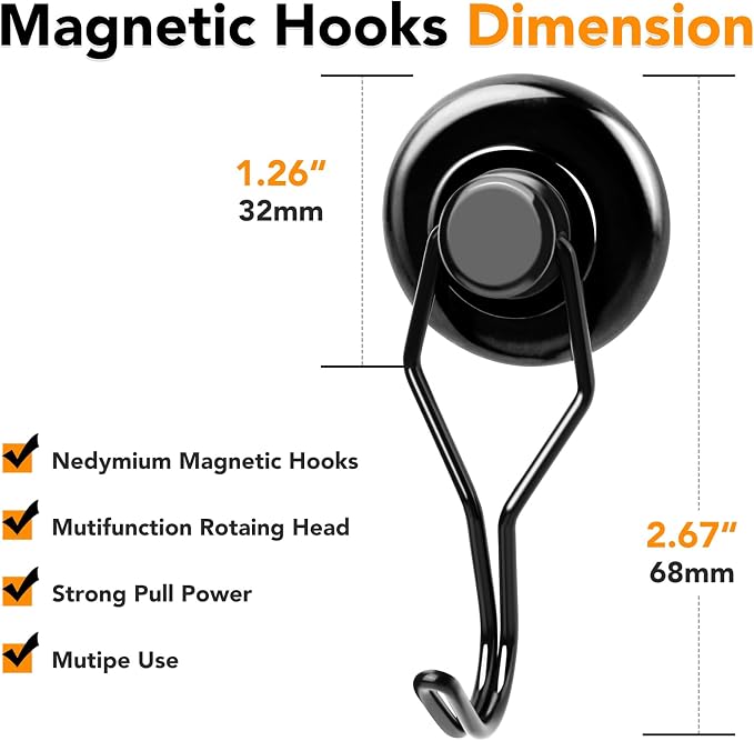 MIKEDE 120 LBS Black Magnetic Hooks, 6 Pack Swivel Swing Magnet Hooks Heavy Duty - Image 4