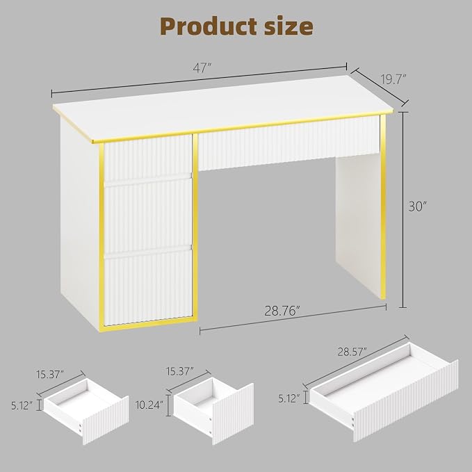 4 EVER WINNER White Desk with Drawers with Hidden Handle, 47 Inch Computer - Image 2