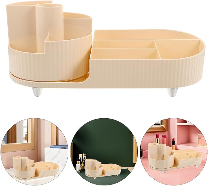 Rotating Makeup Organizer Box 1pcs Set Cream White Desktop Carousel Cosmetic - Image 8
