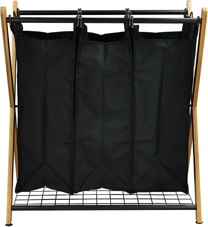 Oceanstar XBS1484 Bamboo 3-Bag Laundry Sorter Black, 29.75 in. H x 19.10 in. W - Image 2