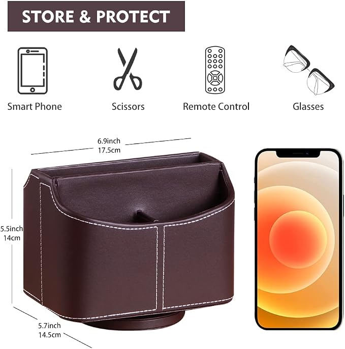 360° Rotating Remote Control Holder, PU Leather TV Remote Caddy Organizer - Image 2