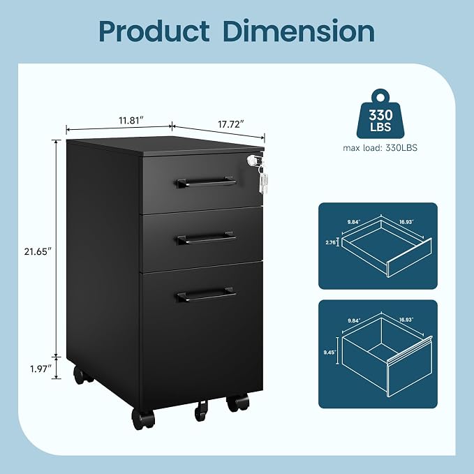 MIIIKO File Cabinet 3 Drawers on Wheels Under Desk, Filing Cabinet - Image 3